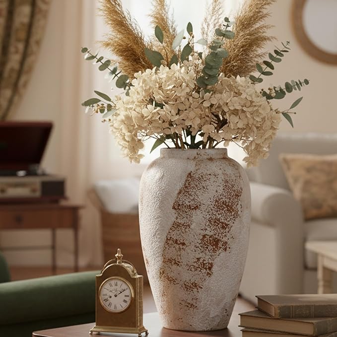 Vintage Ceramic Vase, Minimalist Texture Stone Patterned White Flower Vase, Decorative Vase for Living Room Shelf Farmhouse Dining Table Centerpiece Decor (Rustic 11.8'')
