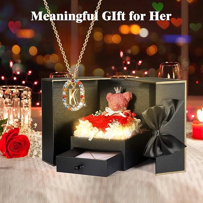 Cute Preserved Real Roses Bear Gift Box for Girlfriend with Initial Necklace K, Unique Birthday Gift for Mom, Her, Grandma, Anniversary Presents for Wife Women