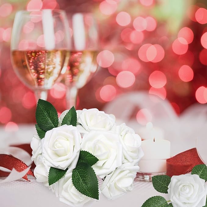 AmyHomie Artificial Flower White Rose 25pcs Real Looking Fake Roses w/Stem for DIY Wedding Bouquets Centerpieces Arrangements Party Baby Shower Valentines Day Christmas Tree Decorations