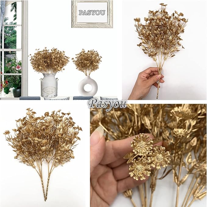 Artificial Plants for Christmas Decor, Plastic Golden Daisy leaves Faux Shrubs Simulation Flower Indoor Outdoor Home Garden Planter Filler Party Hotel Verandah Wedding DIY Decoration - Gold 2 Pack