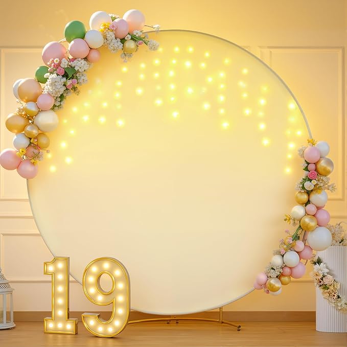 7.2 FT Beige Round Backdrop Cover with Lights String for Circle Arch Stand Circle Backdrop Covers with LED Fairy Lights for Wedding Arch Bridal Baby Shower Birthday Party Photo Photography Background
