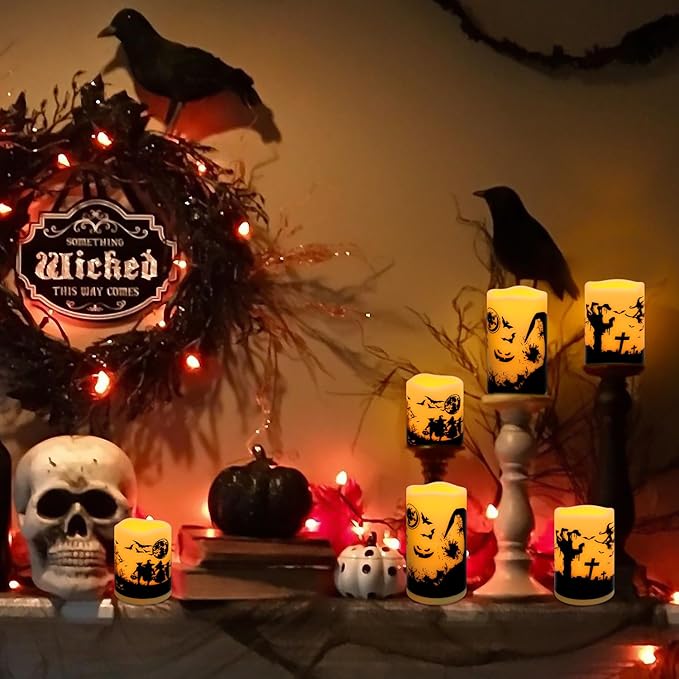 A Set of 6 Halloween-Themed LED flameless Candles, Featuring a timed Remote Control and Halloween-Themed Atmosphere Patterns, Perfect for Trick-or-Treating LED Candles，Halloween Spooky.