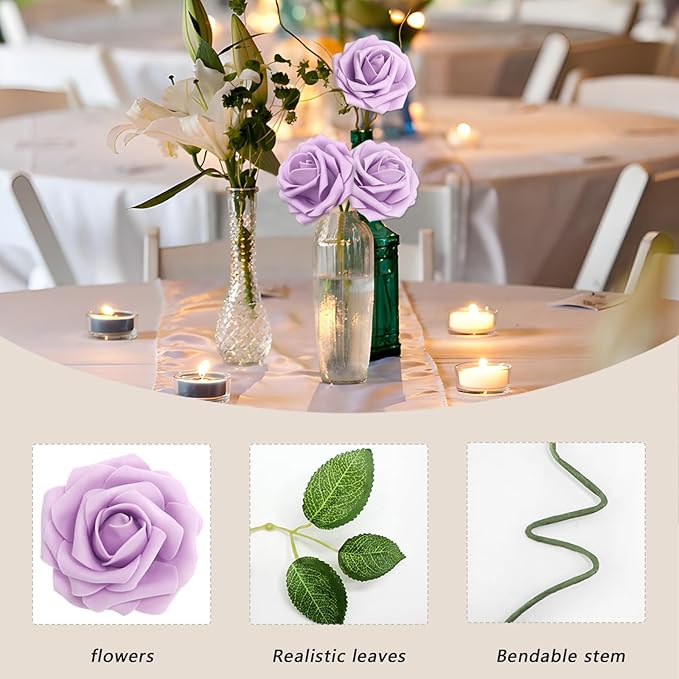 100PCS Light Purple Artificial Flowers Roses Real Looking Foam Fake Roses with Leaves for DIY Wedding Bouquets Bridal Shower Party Decorations (Lilac, 100)