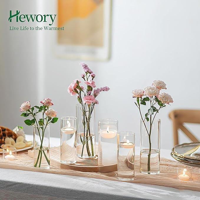 Hewory Glass Cylinder Vases for Centerpieces: Set of 12 Clear Skinny Hurricane Vases for Wedding Baby Shower Table Birthday Party Decorations - Tall Candle Holders for Floating Candle Flower Bouquet
