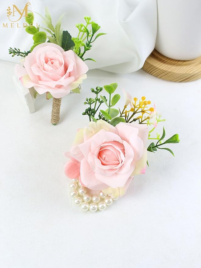 Meldel Wrist Corsage and Boutonniere Set(2pcs), Artificial Silk Rose Pink Wrist Flower for Bride Bridesmaids, Boutonniere for Groom Best Man Wedding Flower Accessories Prom Ceremony Party Decor