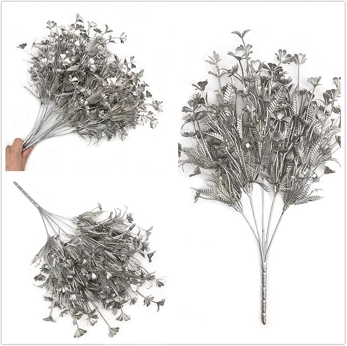 PASYOU Christmas Artificial Plants Decoration, Plastic Grass Faux Shrubs Simulation Flower Leaves Indoor Outdoor Home Garden Planter Filler Party Hotel Verandah Wedding DIY Decor - Silver 2 Pack