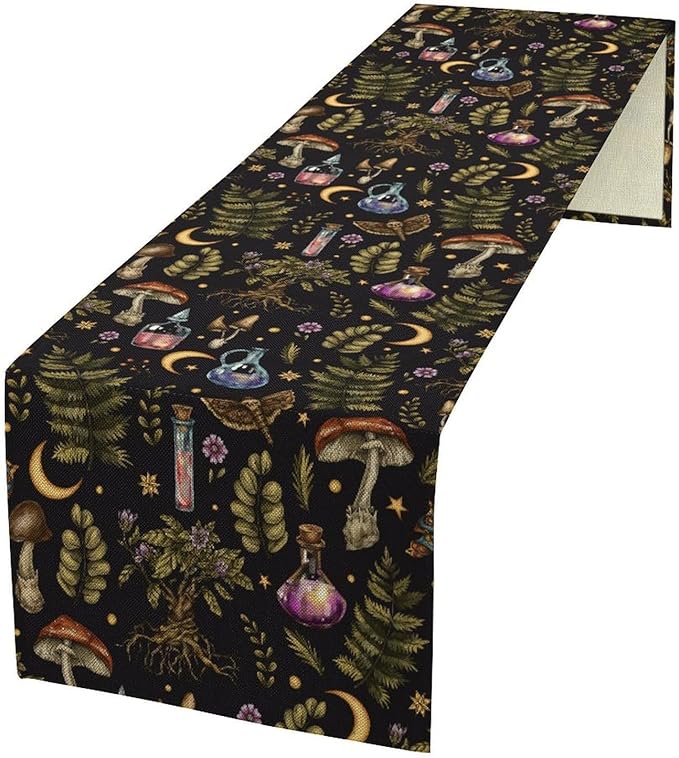 Vintage Mystical Witch Table Runner, Magic Poison Vials Rustic Forest Plants Wild Mushroom Moth Print Table Runner for Kitchen Dining Home Decor Wreath Party Decoration, 13x60inch