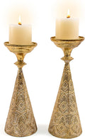 Farmhouse Gold Candle Holders for Pillar Candles, Metal Distressed Set of 2 Retro Flower Design Pillar Candle Stand Dual Use, Can be Vase Table Centerpiece Decor for Fireplace, Living, and Dining Room