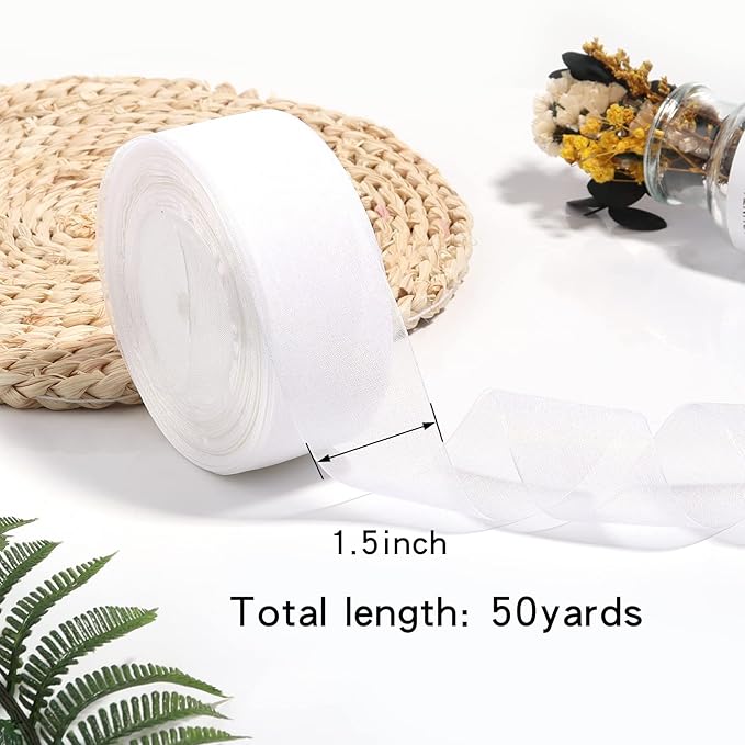 1.5 inch Sheer Organza Ribbon White Chiffon Ribbon for Gift Wrapping Christmas Halloween Decoration Wedding Bouquet Crafts 50 Yards