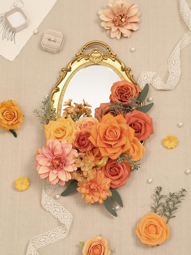 Artificial Flowers Combo Box Orange Fake Roses Silk Flowers with Stems Dahlia for DIY Cake Wedding Bridal Bouquets,Floral Arrangement,Table Centerpieces,Baby Shower,Home Party Decorations
