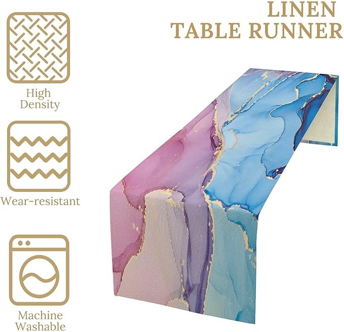 Pink Blue Marble Table Runner Sea Blue Maroon Gold Veins Unique Ombre Abstract Ink Texture Seasonal Dinner Runner Table Decoration for Farmhouse Home Kitchen Dining Holiday Party 13x90in