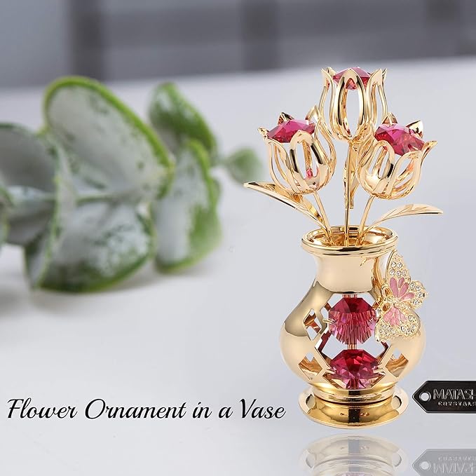 Beautifully Crafted Tulips in A Vase Table Top Ornament Dipped in 24k Gold Plating Made with Genuine Matashi Crystals (Butterfly, Red Crystal)