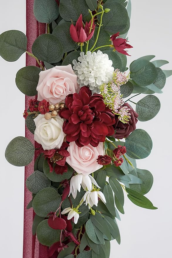 Burgundy Artificial Wedding Arch Flowers Kit (Pack of 3) with 26Ft Burgundy Shiny Arch Draping Fabric for DIY Wedding Party Ceremony Reception Backdrop Floral Decoration