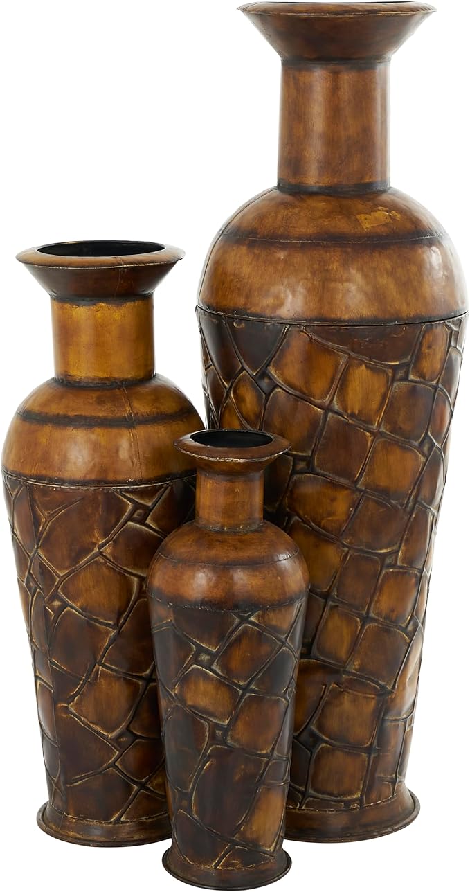 Deco 79 Metal Decorative Vase Indoor Outdoor Tall Floor Bottleneck Centerpiece Vases with Tortoise Shell Pattern, Set of 3 Flower Vases for Home Decoration 50", 35", 26"H, Brown
