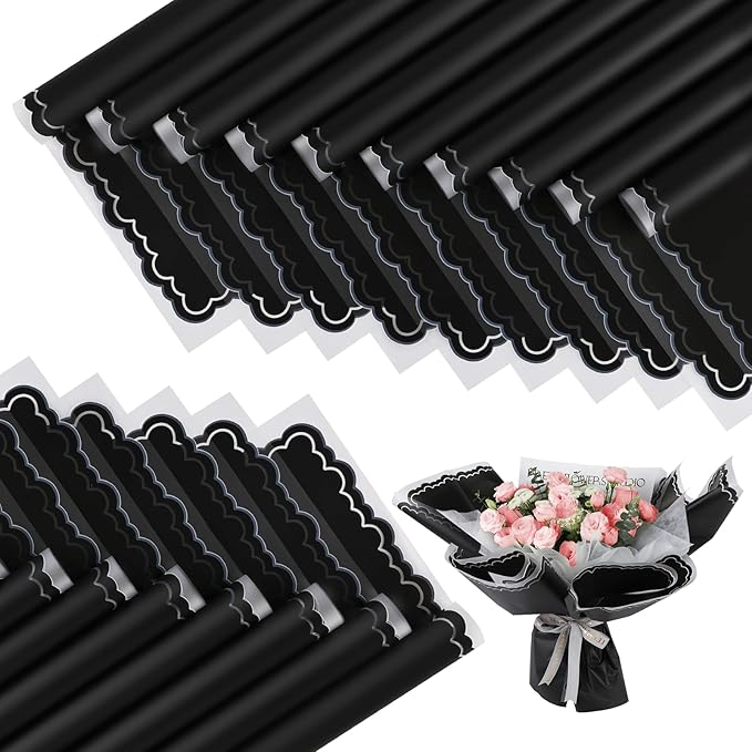 FUHITIM 20 Sheets Flower Wrapping Paper - Waterproof Floral Bouquet Wrapping Paper, Florist Supplies Packaging Paper for Wedding Birthday Gift DIY Crafts (Black)