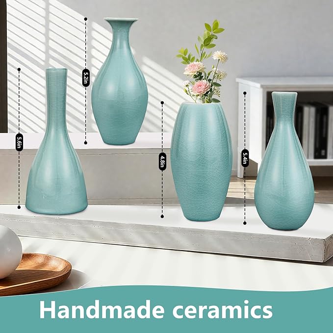Ceramic Vase Set of 4, Elegant Azure Color Vase for Rustic Modern Home Decor, Crackled Ice Patterns Glaze Decorative Vases for Living Room, Kitchen,Table,Shelf,Office,Housewarming,Gift