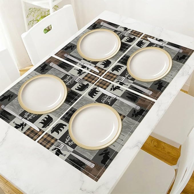 Rustic Cabin Placemats Bear Deer Moose Hunting Plaid Check Art Printed Dining Table Mats Set of 4 for Home Kitchen Holiday Picnic Party Decor 12x18in
