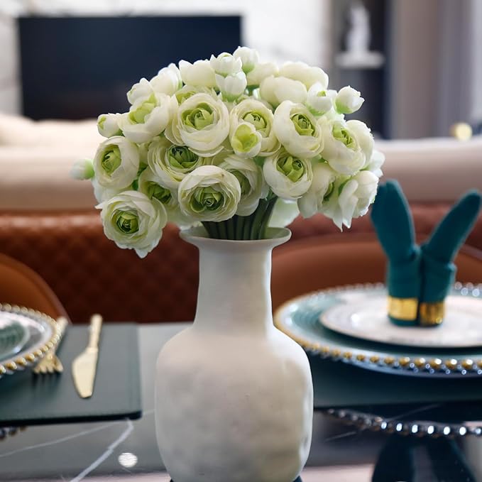 24 Pcs Ranunculus Artificial Flowers 10.5", Mini Faux Silk Ranunculus with Stem, Fake Flowers for Home Decor Indoor Wedding Bouquets Centerpieces (White and Green)