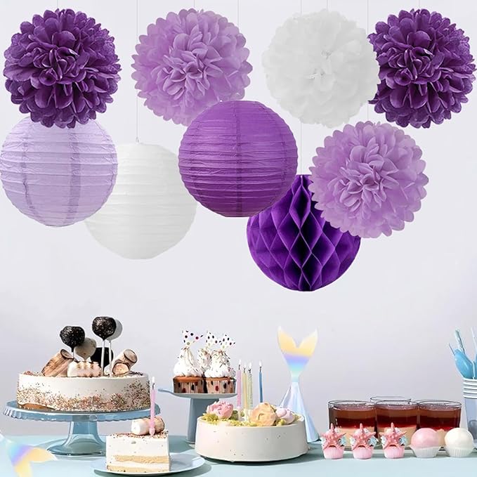 Purple White Paper Flowers Tissue Pom Poms Honeycomb Lanterns 15pcs Party Decorations for Birthday Lavender Baby Shower Wedding Mom Bridal Lilac Retirement Graduation Hanging Decor Mprocherify