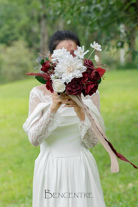 10 Inch Burgundy&White Bridal Bouquet,Bride Bouquets for Wedding Ceremony Anniversary, Party and French Rustic Vintage Wedding,Gothic Wedding,Artificial Flowers