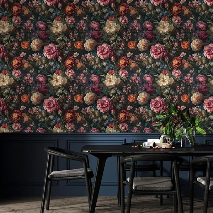 Vintage Dark Black Purple Red Flowers Leaf Botanical Floral Peel and Stick Wallpaper Easy Peel Off Contact Paper Stick on Adhesive Wall Paper for Bathroom Waterproof Renter Friendly