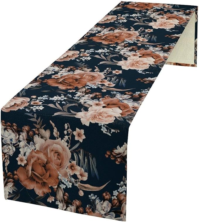 Vintage Flower Table Runner, Boho Black Dark Floral Plant Bohemian Watercolor Spring Garden Botanical Art Table Cover for Holiday Farmhouse Kitchen Dining Table Decor, 13x108inch