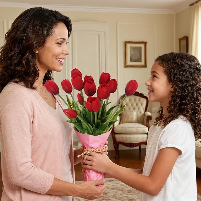 15Pcs Fake Tulips Artificial Flowers Real Touch Latex Bouquet Faux Tulips for Centerpiece Arrangements Wedding Party Home Décor (Hot Red)