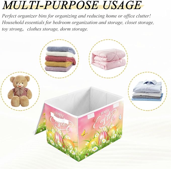 senya Easter Storage Baskets Collapsible Storage Bins with Lids, Happy Easter Eggs and Butterfly Storage Boxes Clothes Baskets for Organizing