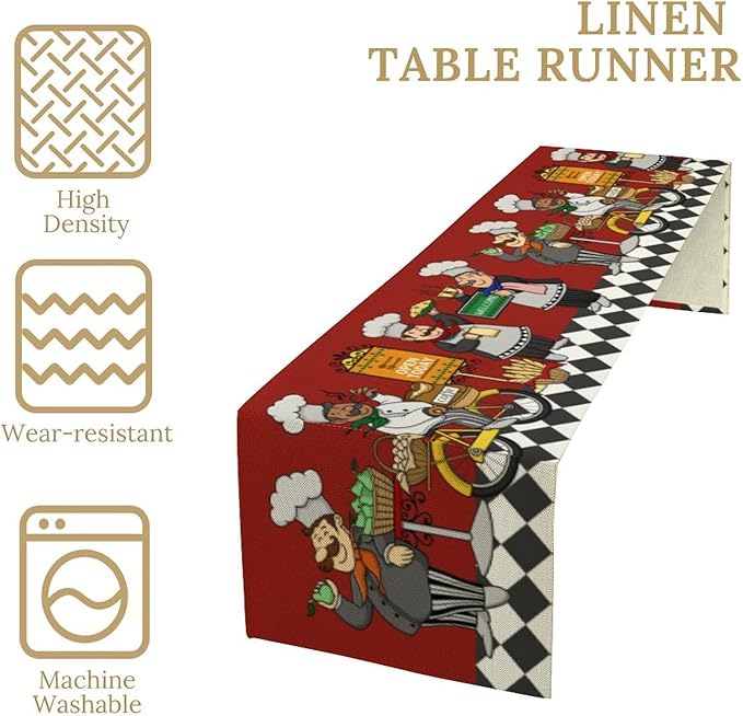 Retro Chef Table Runner,Farmhouse Burlap Table Runners for Party Wedding, Chef Decorations for TKitchen, Chef Kitchen Decor 13x60inch