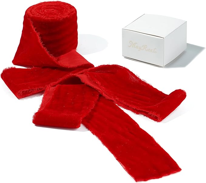 MAYREEL 2 Inch Red Velvet Ribbon Hand Torn Crimson Silk Frayed Edge for Christmas Gift Wrapping Bridal Bouquets Invitations Wedding Vow Books Gift Baskets 3 Yards