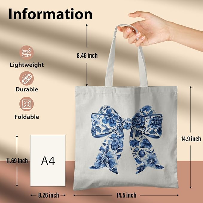 Blue and White Chinoiserie Prints Canvas Tote Bag for Women, Reusable Folding Shopping Bags with Handles