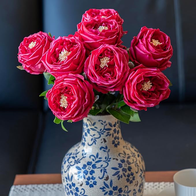 Fake Flowers for Decoration Home Decor Real Touch Artificial Flowers Austin Rose Peony Latex Fake Flower Living Room Decoration Vivid Pink Roses Peonies (Red 4pcs)