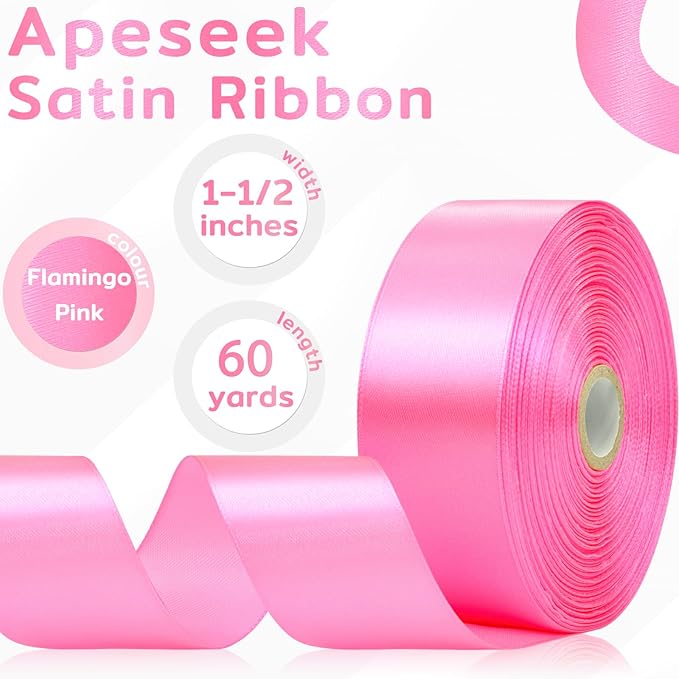60 Yards Flamingo Pink Satin Ribbon 1-1/2 Inch, Solid Polyester Fabric Ribbon for Gift Wrapping, Crafts, Flower Bouquet, Wedding, Baby Shower, Festival, Christmas, Mother's Day