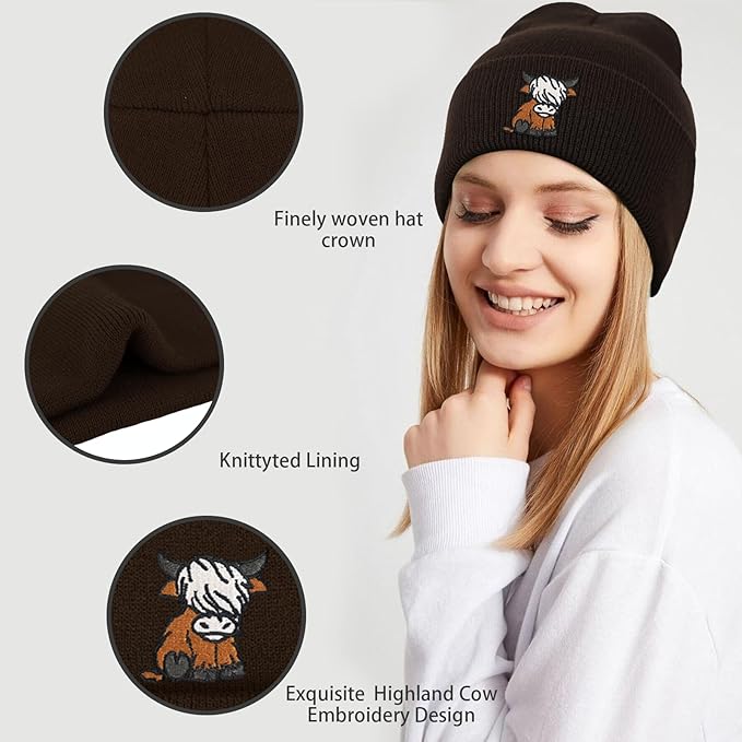 Scottish Highland Cow Beanie Hat, Cute Funny Cow Embroidery Winter Knit Skull Cap for Adult Men Women