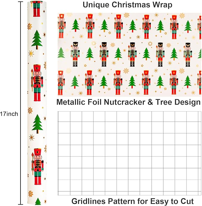 Yarcony Nutcracker Wrapping Paper Roll, White Christmas Wrapping Paper, Metallic Foil Elegant Christmas Tree, Nutcracker Gift Wrap for Holiday, New Year, Celebrations (Mini Roll, 17 Inch X 33 Feet)