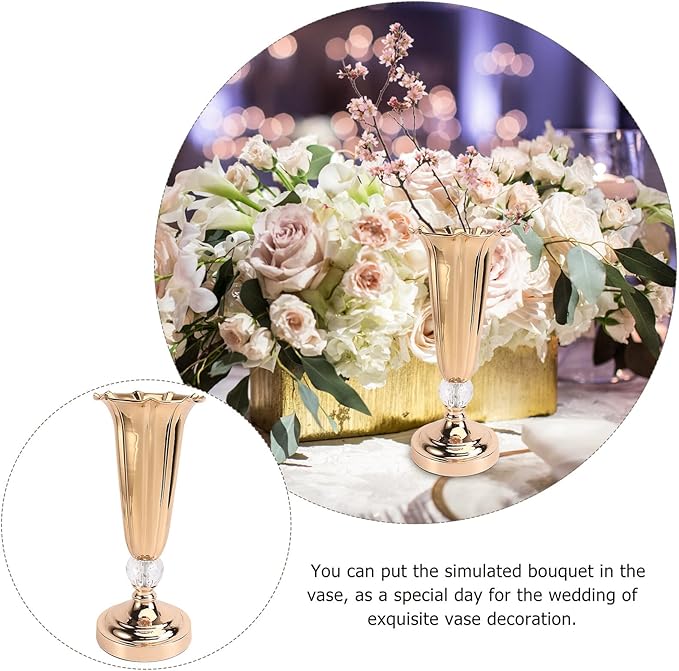 Healifty Metallic Gold Tabletop Trumpet Vase for Wedding Centerpieces Iron Flower Stand for Party Holiday Birthday Decorations Compact Decorative Vase for Floral Arrangements