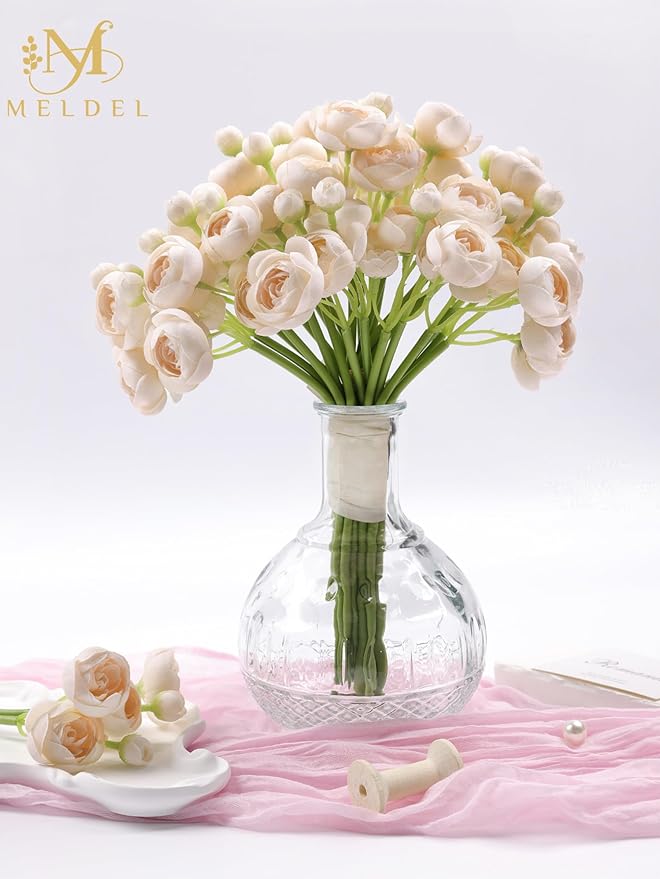 Meldel 32Pcs Ranunculus Artificial Flower, Faux Light Champagne Ranunculus Flowers for DIY Bouquet, Bulk Fake Peony Wedding Filler Flowers for Centerpieces Arrangements Bridal Shower Decorations