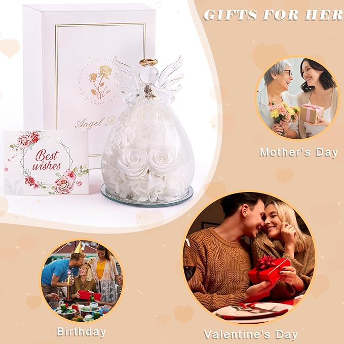 Beferr Christmas Birthday Gifts for Women, Mom Gifts for Christmas Fresh Flowers for Delivery Prime Forever Preserved Rose in Glass Angel Figurine Xmas Gifts for Grandma Wife Sister Her, White