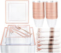 DaYammi 175 PCS Rose Gold Plastic Plates, Rose Gold Plastic Dinnerware Sets Includes: 25 Dinner Plates, 25 Salad Plates, 25 Pre Rolled Napkins with silverware 25 Cups 9 OZ, Perfect for Valentine's Day