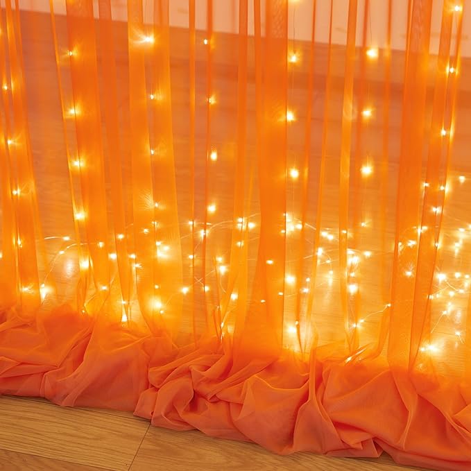 10ft x 10ft Orange Tulle Photo Backdrop Curtain with Lights String for Halloween Party Orange Sheer Curtain Backdrop Drapes for Birthday Party Wedding Photo Booth Background Home Room Decorations