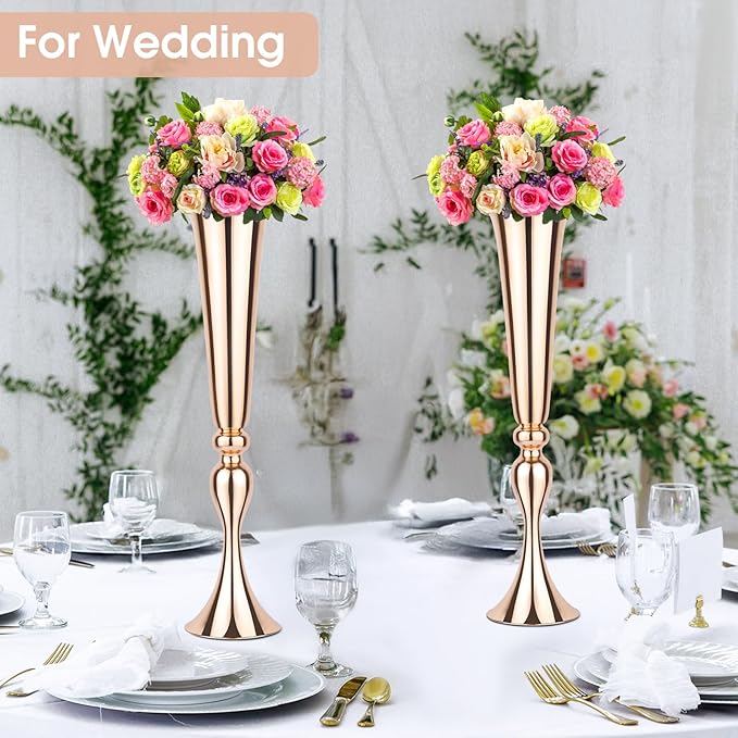 2 Set Rose Gold Vases Centerpieces for Table, Mjkeomo Trumpet Vases 21.9'' Tall Rose Gold Vase for Centerpieces, Table Centerpieces for Party Event, Christmas, Wedding, Valentine's Day
