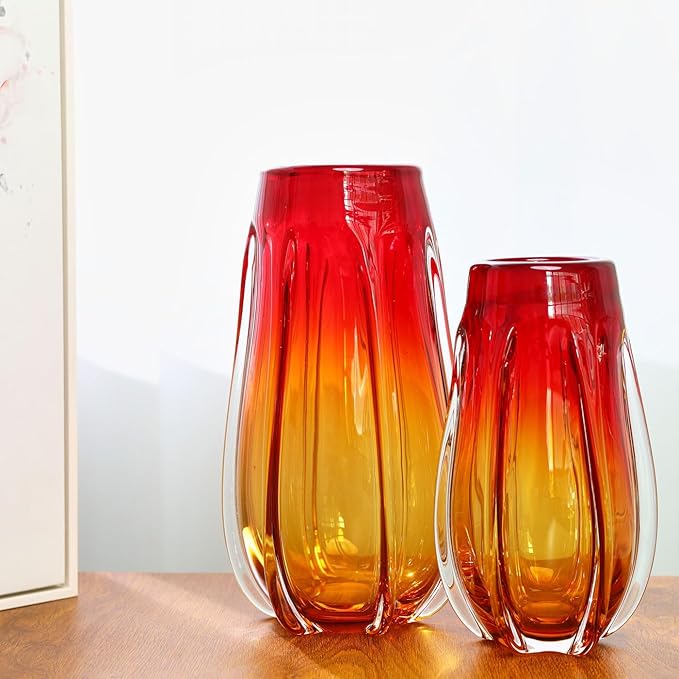 Luxury Lane Hand Blown Laine Sommerso Art Glass Vase for Home Decor 10 inch Tall Centerpiece Table Decoration