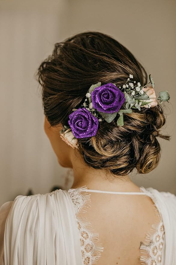 IPOPU Glitter Roses, 25pcs Foam Glitter Roses Glitter Flowers Foam Rose with Stem for DIY Wedding Bridal Bouquet Home Party Decoration(Purple)