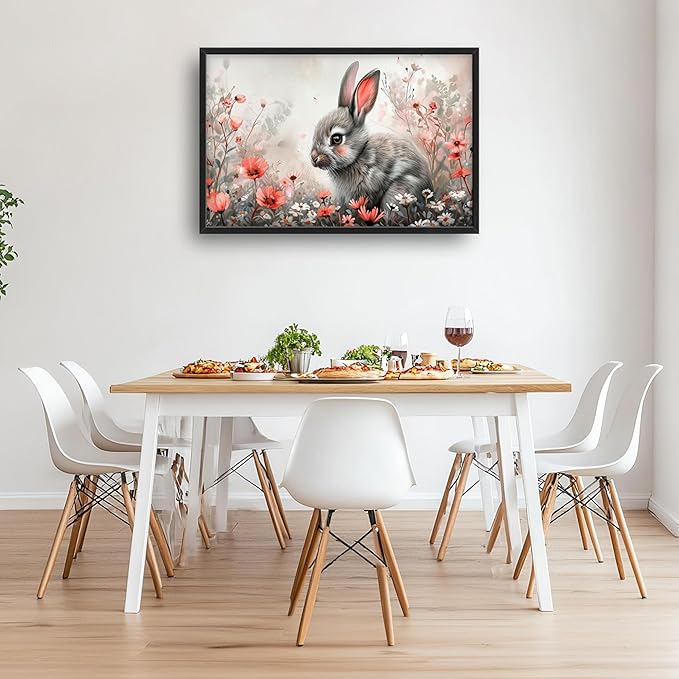 Framed Large Pictures Wall Art for Living Room, Rabbit Bunny Oversized Wall Decor Animal Floral Canvas Print Painting Modern Extra Large Framed Artwork for Bedroom Office 36"x24"