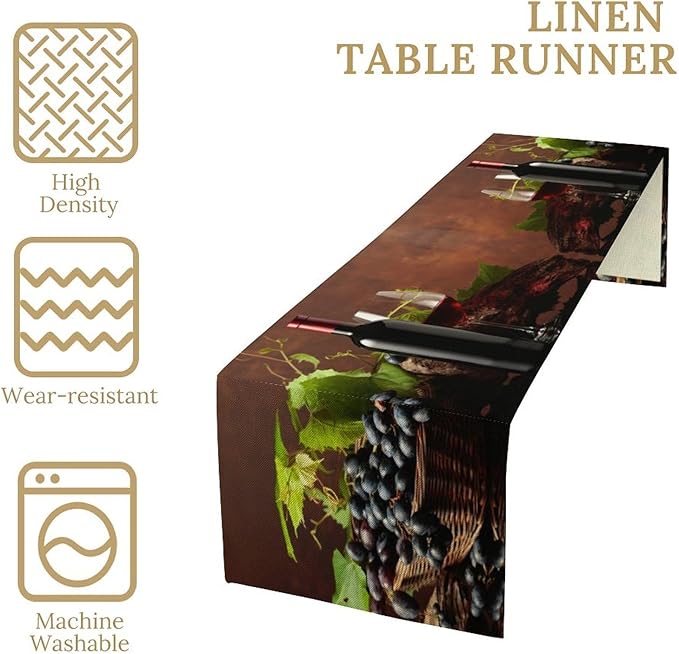Red Wine Glasses Table Runner White Wine Glasses Grape Vintage Wooden Board Dinner Runner for Farmhouse Cabin Home Kitchen Dining Holiday Wedding Party Decor 13x120in