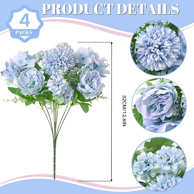 ASTRYAS Artificial Flowers, 4Pcs Blue Artificial Peonies Fake Peony Silk Hydrangeas for Decoration Faux Flower Arrangements for Home Decor Wedding Party (Light Blue)