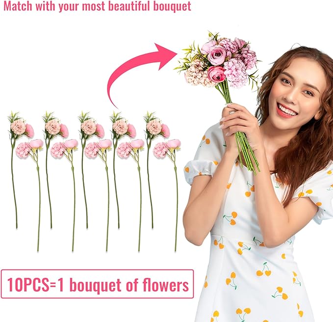 Zerzsy Pink Peonies Artificial Flowers, 10pcs Burgundy Faux Peonies, Silk Flower FakePeonies Artificial Flowers Bouquet for Centerpiece Table Wedding Home Decor