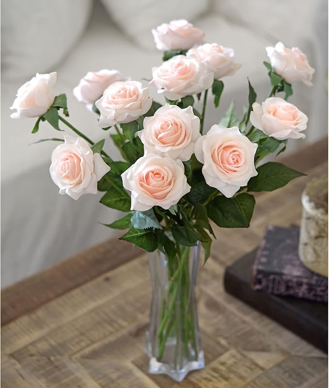 FiveSeasonStuff Fake Roses Wedding Flowers Real Touch Silk Cream Pink Artificial Flowers 12 Stems