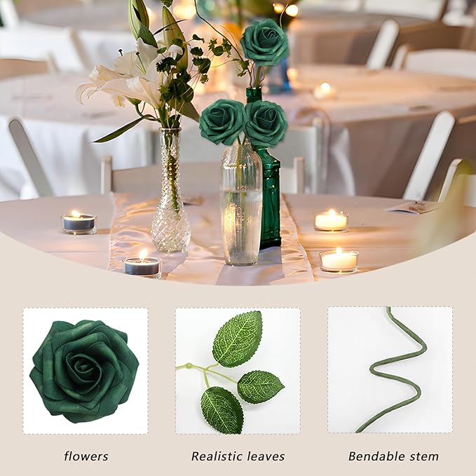 Artificial Flowers Roses Real Looking Foam Fake Roses with Leaves and for DIY Wedding Bouquets Bridal Shower Centerpieces Party Decorations (Peacock Green, 100)