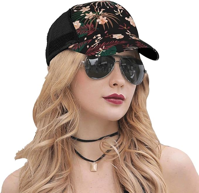 Tropical Pink Flowers Hats Women Men Hawaii Trucker Hat Adjustable Snapback Mesh Baseball Cap Hat
